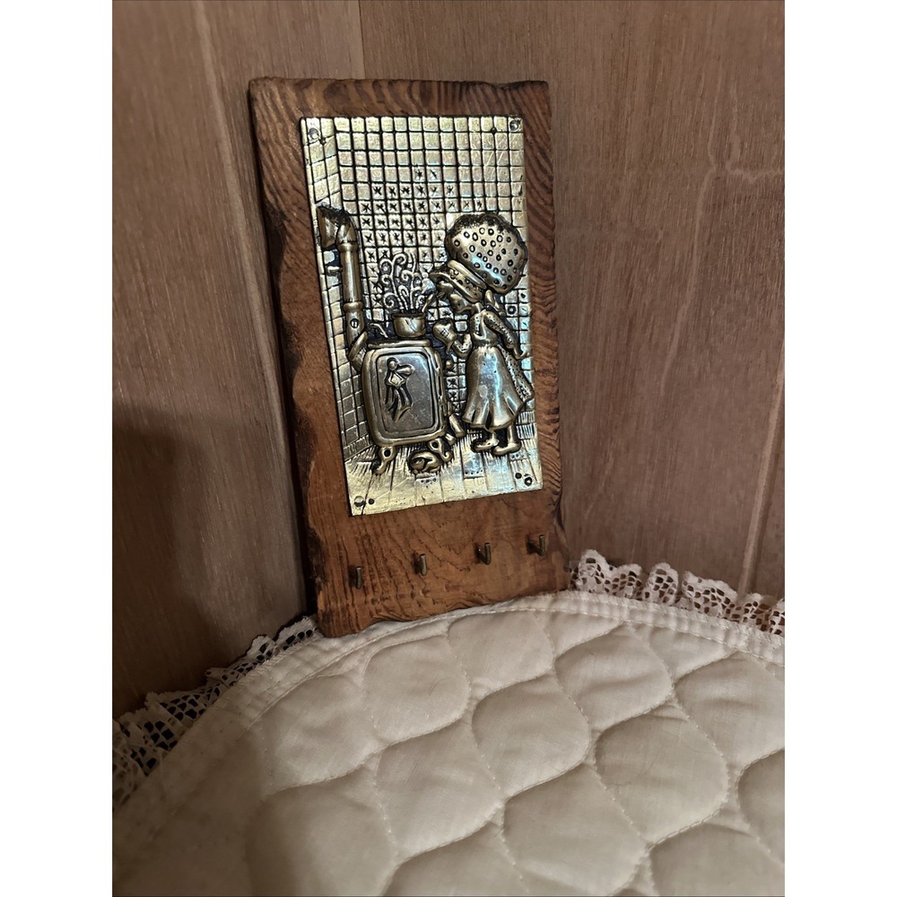 vintage 1970s Holly Hobbie key holder wall plaque with brass Relief On Wood